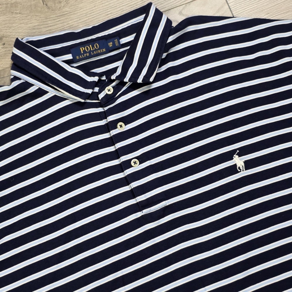 Ralph Lauren Polo Shirt Mens 3XB Navy Blue Striped Short Sleeve Soft Knit Cotton